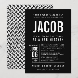 Invitation BAR MITZVAH moderne en gros bloc type noir blanc