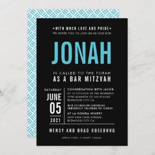 Invitation BAR MITZVAH moderne en gros bloc type noir turquoi