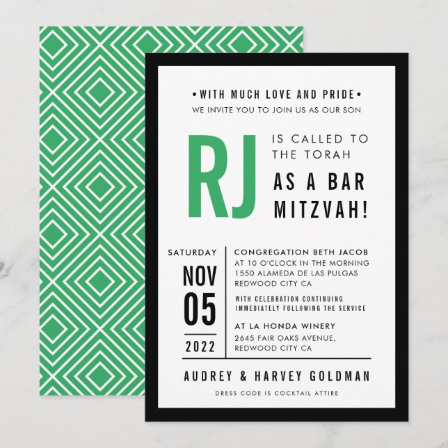 Invitation BAR MITZVAH moderne géométrique vert kelly noir (Devant / Derrière)