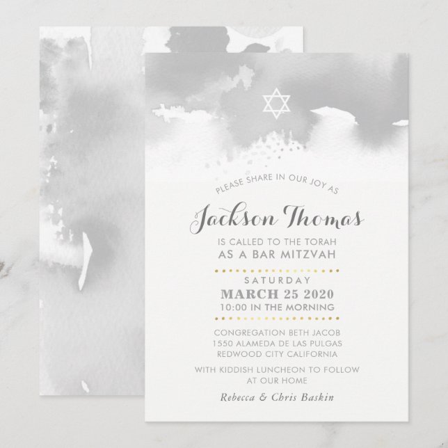Invitation BAR MITZVAH moderne gris pâle gris aquarelle (Devant / Derrière)