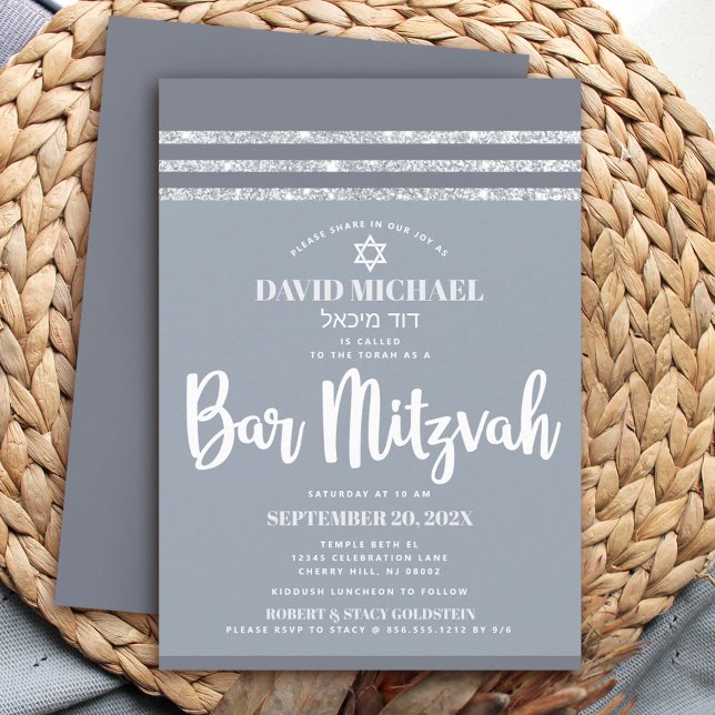 Invitation Bar Mitzvah Moderne Gris Tallit Argent Simple Épai (Créateur téléchargé)
