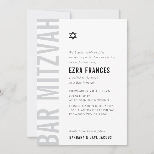 Invitation BAR MITZVAH moderne minima audace garçon monochrom (Devant)