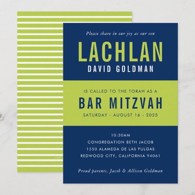 Invitation BAR MITZVAH moderne minima typographie bleu chaux (Devant / Derrière)
