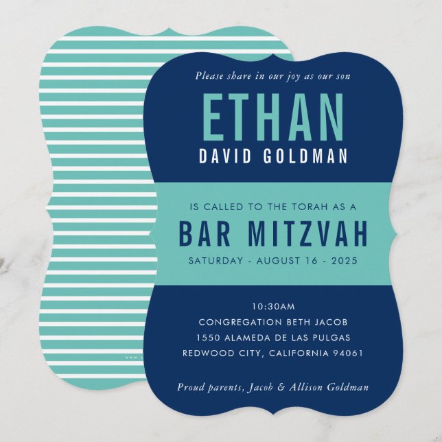 Invitation BAR MITZVAH moderne minima typographie bleu menthe (Devant / Derrière)