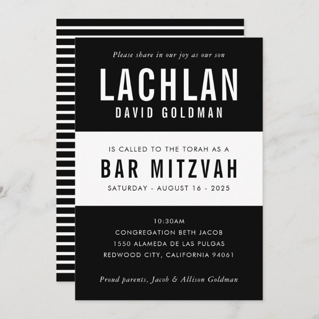 Invitation BAR MITZVAH moderne minima typographie noir blanc (Devant / Derrière)