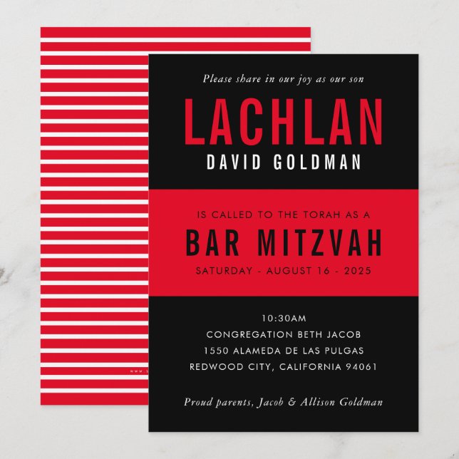 Invitation BAR MITZVAH moderne minima typographie noir rouge (Devant / Derrière)