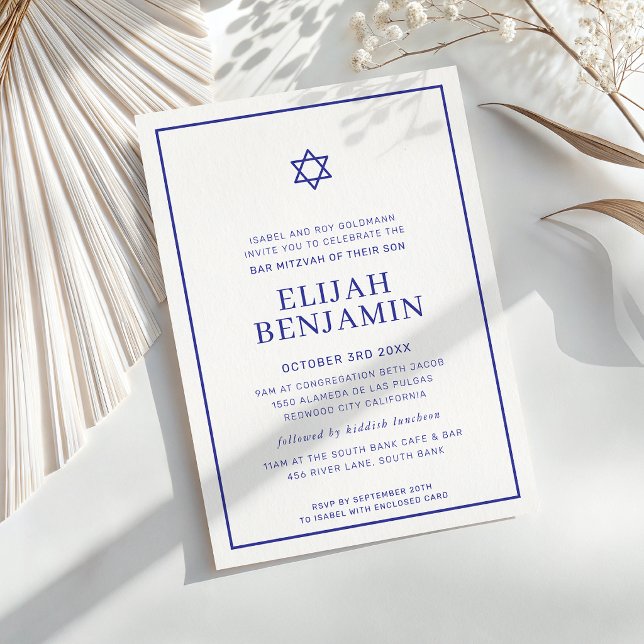Invitation BAR MITZVAH moderne minimal étoile bordure bleu ro (Créateur téléchargé)