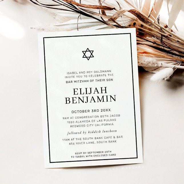 Invitation BAR MITZVAH moderne minimal étoile bordure noir bl (Créateur téléchargé)