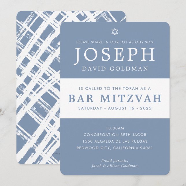 Invitation BAR MITZVAH moderne minimaliste élégant bleu blanc (Devant / Derrière)