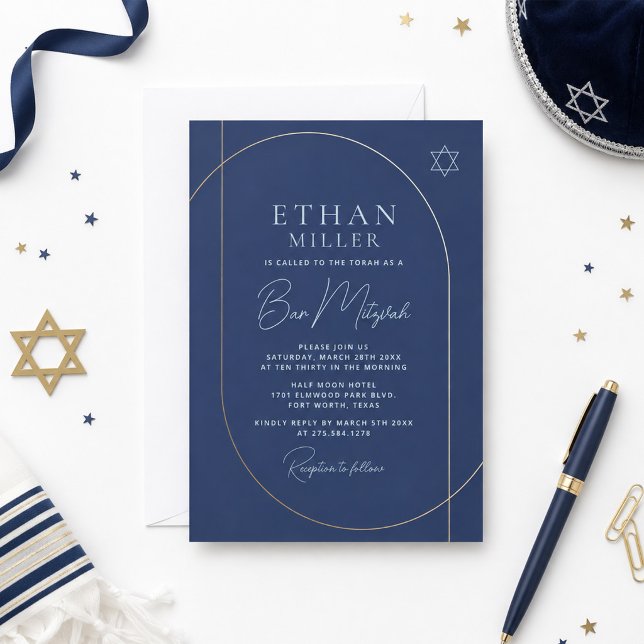 Invitation Bar Mitzvah Moderne Navy Or (Créateur téléchargé)