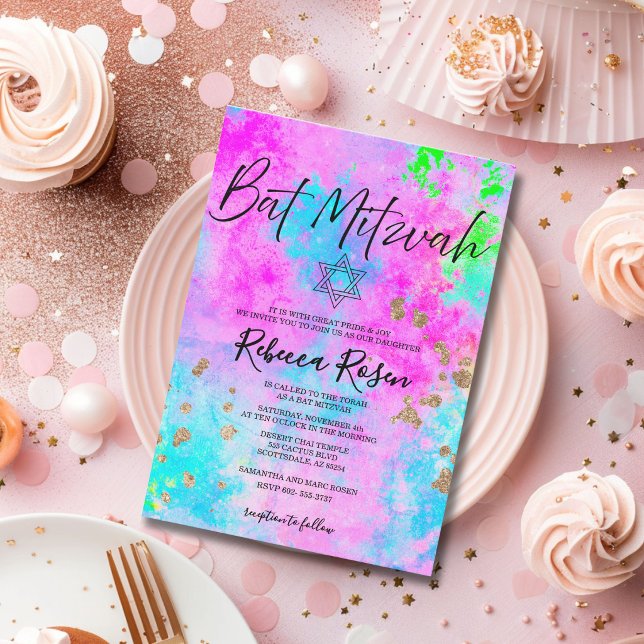 Invitation Bar Mitzvah Moderne Néon et Aquarelle Or (Créateur téléchargé)
