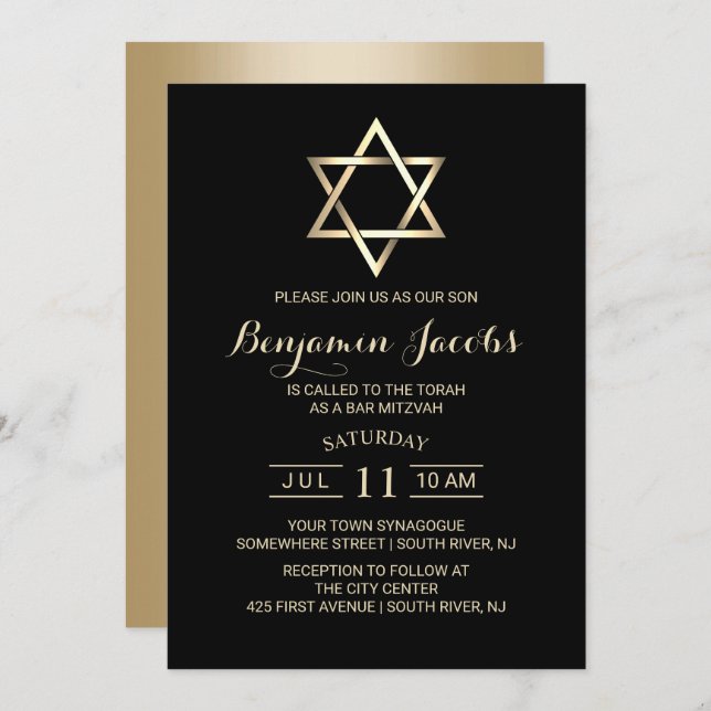 Invitation Bar Mitzvah moderne Noir & Or Juif (Devant / Derrière)