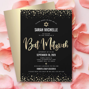 Invitation Bar Mitzvah Moderne Noir Or Paillettes Feuille de 