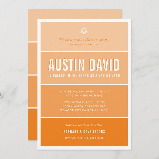 Invitation BAR MITZVAH moderne ombre dégradé orange foncé (Devant / Derrière)