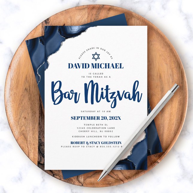 Invitation Bar Mitzvah Moderne Simple Bleu Marine Agate Scrip (Créateur téléchargé)