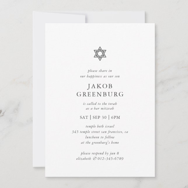Invitation Bar Mitzvah Moderne Simple Élégant Minimaliste (Devant)