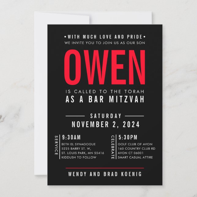 Invitation BAR MITZVAH moderne simple pile rouge noir (Devant)