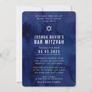 Invitation BAR MITZVAH moderne tendance bleu foncé aquarelle