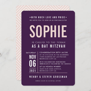 Invitation BAR MITZVAH moderne type bloc aubergine rose