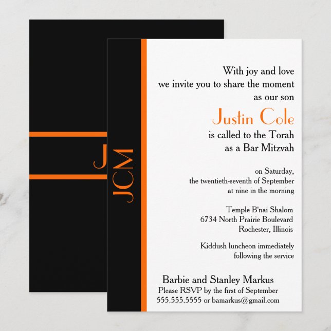 Invitation Bar Mitzvah Monogramme Orange Noir (Devant / Derrière)