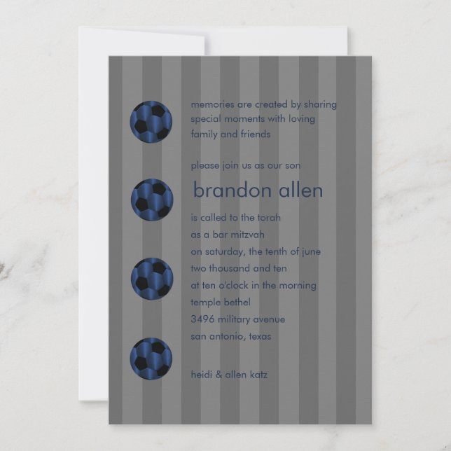 Invitation Bar Mitzvah Navy Blue et Black Soccer Ball (Devant)