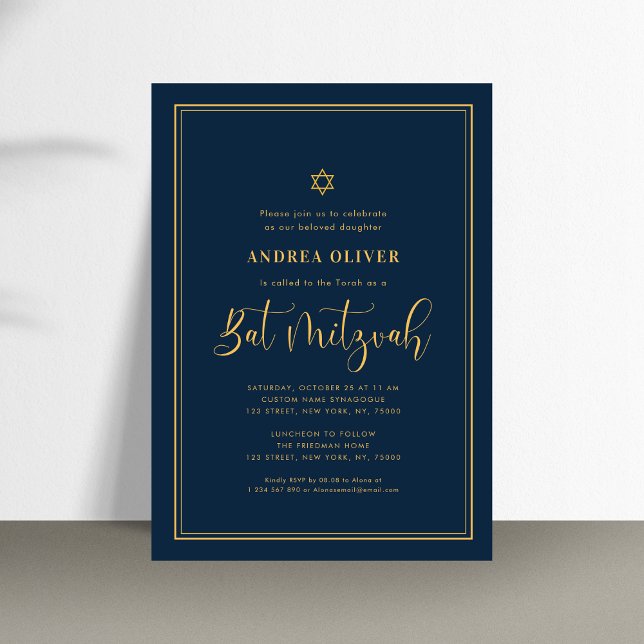 Invitation Bar Mitzvah Navy Blue & Gold Double Cadre Écriture (Créateur téléchargé)