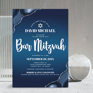 Invitation Bar Mitzvah Navy Blue Ombre Agate Script moderne