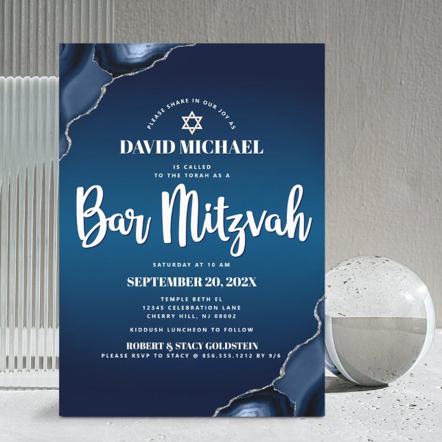 Invitation Bar Mitzvah Navy Blue Ombre Agate Script moderne (Créateur téléchargé)