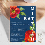 Invitation Bar Mitzvah Navy Bold Rouge Floral Aquarelle Moder<br><div class="desc">Soyez fière, réjouissez-vous et mettez en valeur ce moment important de la Bat Mitzvah de votre fille avec cette invitation personnalisée et sophistiquée ! Un floral rouge chic et époustouflant à l'aquarelle avec une typographie sans empattement moderne se superpose sur un fond bleu marine. Personnalisez le texte personnalisé avec le...</div>