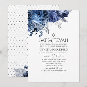 Invitation Bar Mitzvah Navy et Blanc avec motifs floraux en f