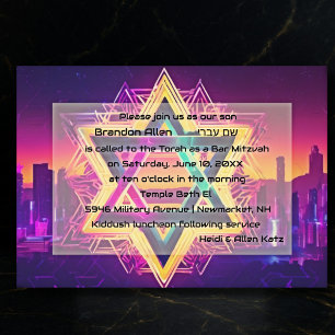 Invitation Bar Mitzvah Neon City Skyline