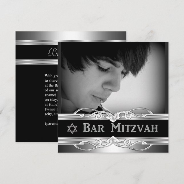 Invitation Bar Mitzvah Noir Argent Métal mâle 2 (Devant / Derrière)