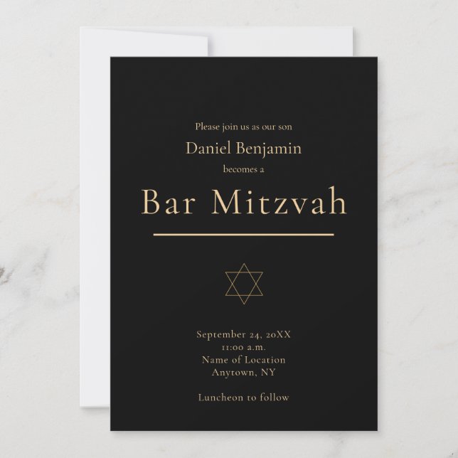 Invitation Bar Mitzvah noir élégant et moderne en or (Devant)