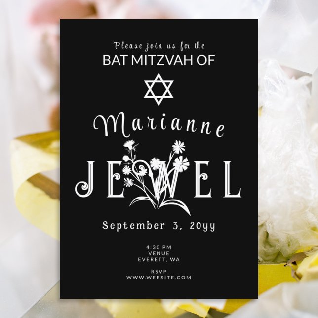 Invitation Bar Mitzvah noir et blanc (stylish black and white bat mitzvah invitations with unique floral lettering)
