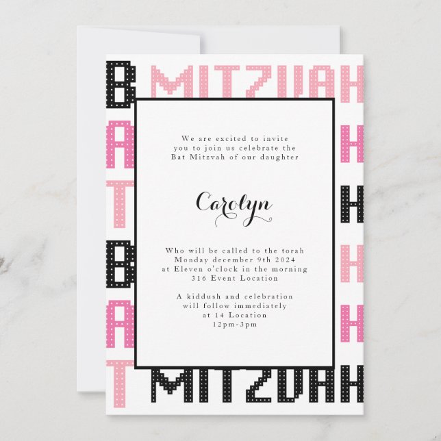 Invitation Bar Mitzvah Noir et Rose (Devant)