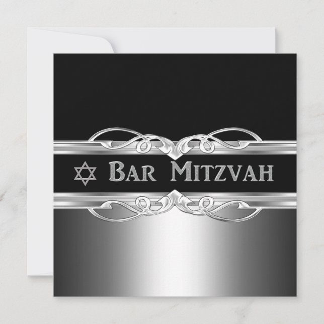 Invitation Bar Mitzvah Noir Métal Argenté Garçon (Devant)