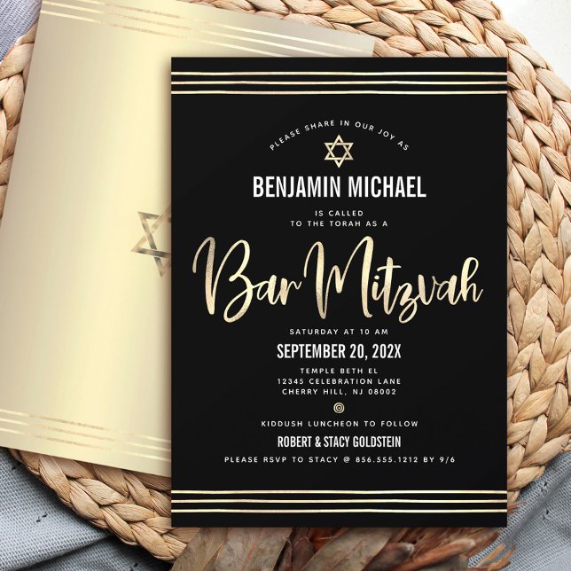 Invitation Bar Mitzvah Noir Or Feuille Script Gras Moderne (Créateur téléchargé)