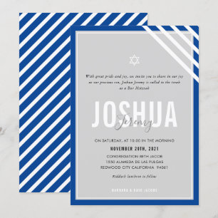 Invitation BAR MITZVAH nom moderne Gray royal bleu strié