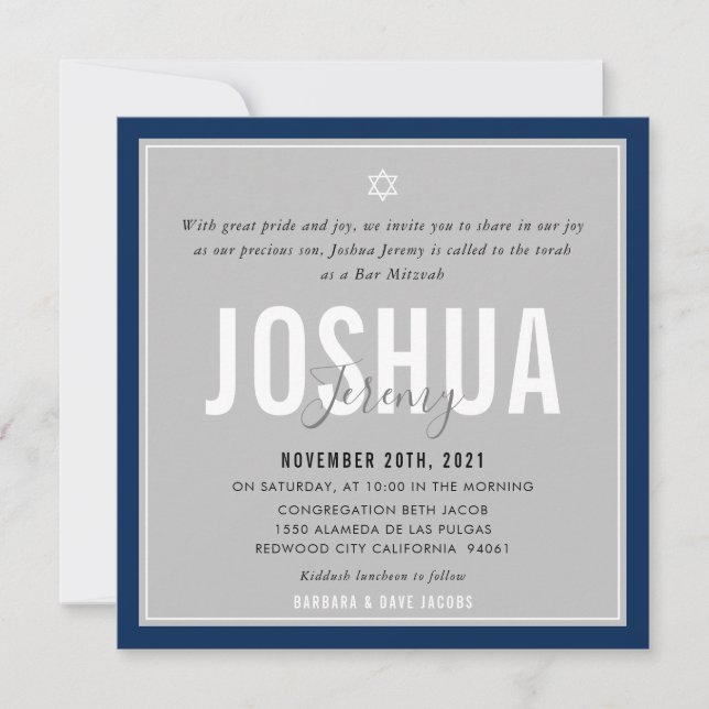 Invitation BAR MITZVAH nom moderne gris bleu marine foncé ble (Devant)