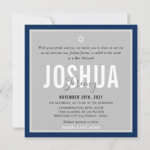 Invitation BAR MITZVAH nom moderne gris bleu marine foncé ble