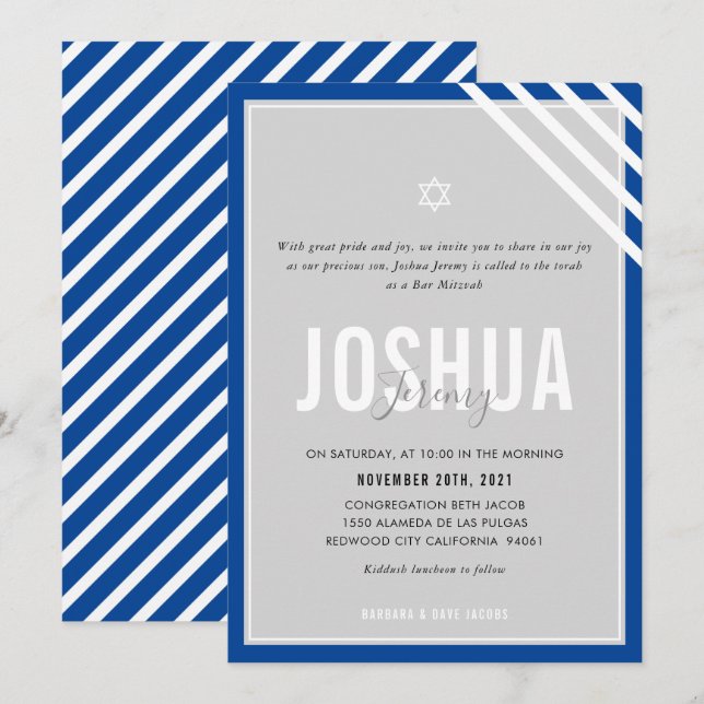 Invitation BAR MITZVAH nom moderne gris bleu royal strié (Devant / Derrière)
