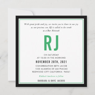 Invitation BAR MITZVAH nom moderne noir kelly vert