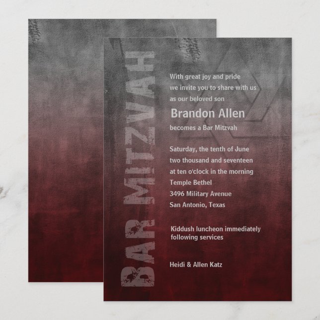 Invitation Bar Mitzvah Ombre Grunge Rouge (Devant / Derrière)