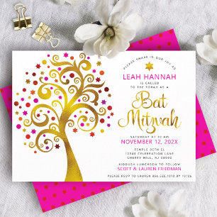Invitation Bar Mitzvah Or Doré Feuille D'or Arbre de Vie Mode