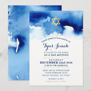 Invitation BAR MITZVAH or étoile stylisée bleu aquarelle TYUS