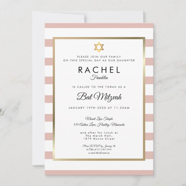 Invitation Bar Mitzvah Or Rose Et Rayure Blanche (Devant)