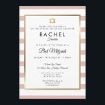 Invitation Bar Mitzvah Or Rose Et Rayure Blanche<br><div class="desc">Avec un fond classique à rayures or rose et blanc,  cette élégante invitation de Bat Mitzvah présente une bordure élégante en faux or encadrant vos détails inscrits dans une typographie chic. Conçu par Thisisnotme©</div>