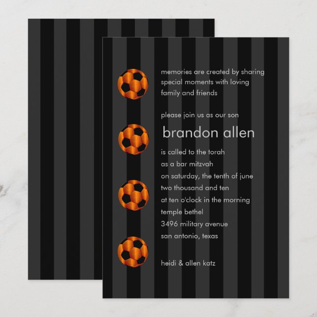 Invitation Bar Mitzvah Orange et Black Soccer Ball (Devant / Derrière)