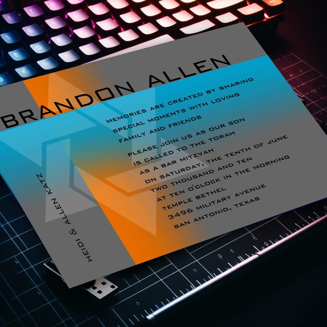 Invitation Bar Mitzvah Orange et Turquoise sur n'importe quel (Créateur téléchargé)