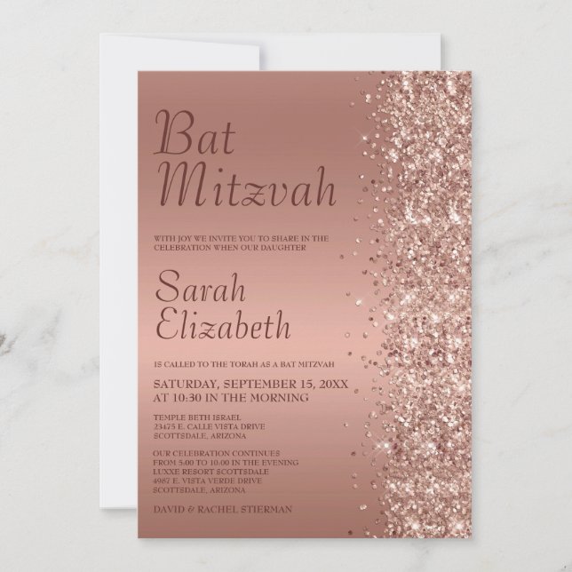 Invitation Bar Mitzvah pailleté or rose (Devant)
